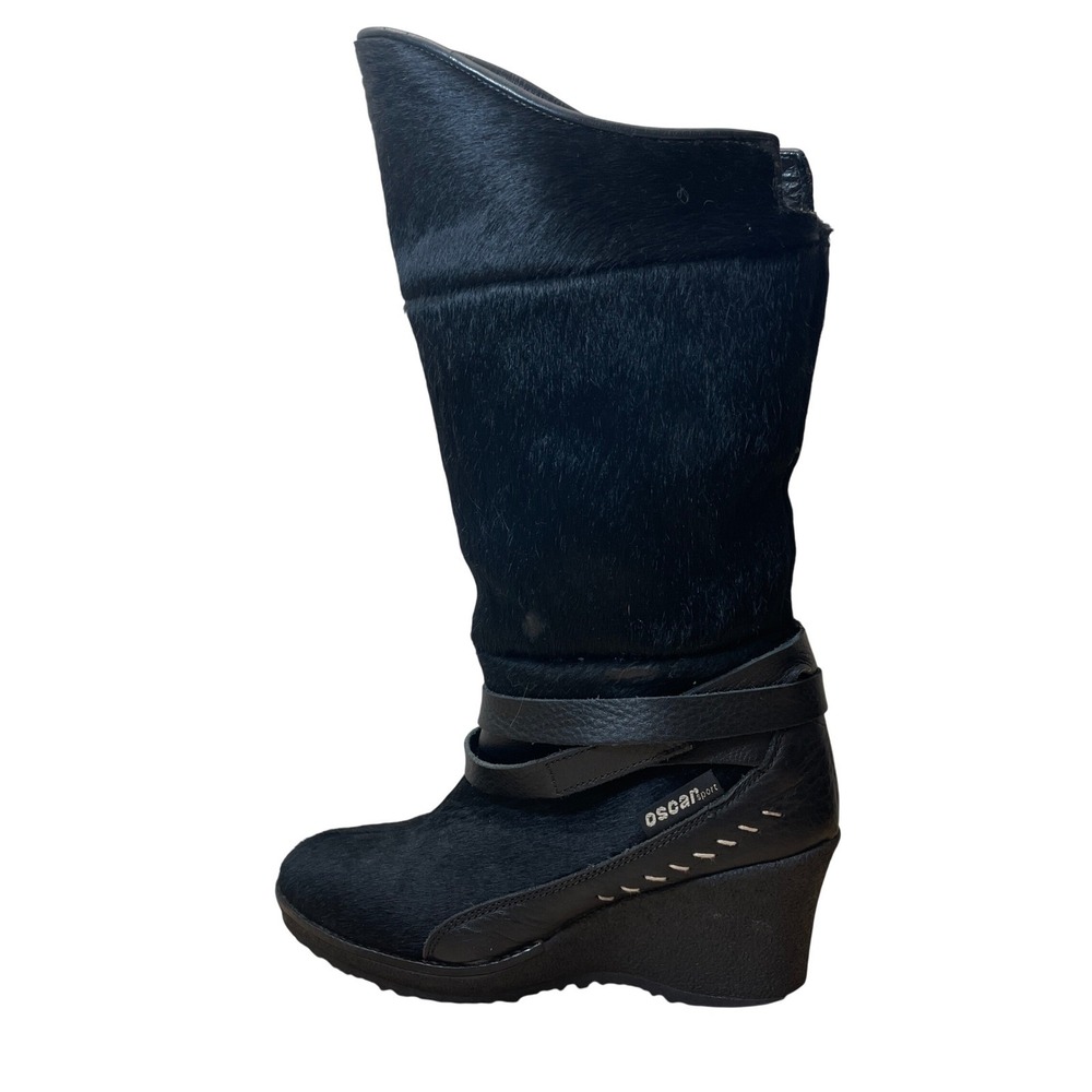 Oscar Sport Italy Black Pony Hair Wedge Boots Faux Shearling‎ Lined Womens 38